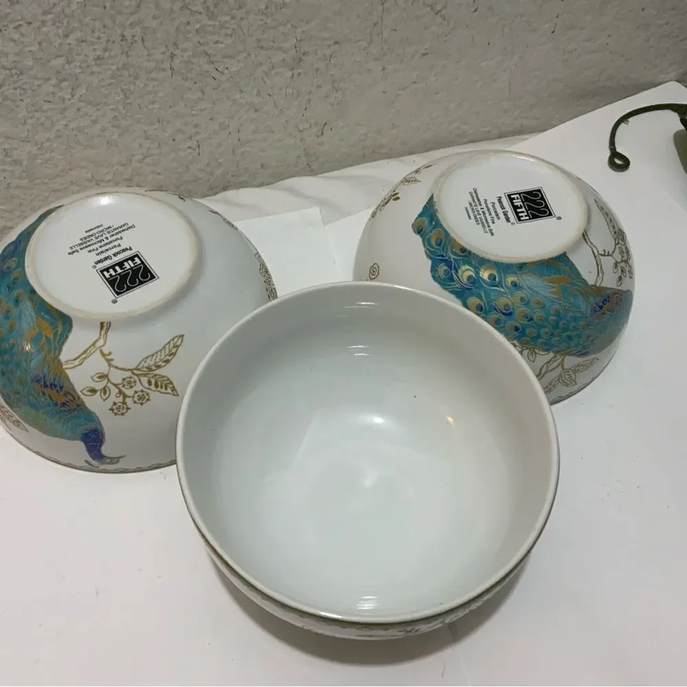 Set of 3; 222 Fifth Peacock Garden 5.5” Cereal Soup Bowls Fine China G14